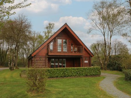 A wooden cabin with a balcony chairs and a hedge in front surrounded by grass and trees at Maple in Dolton