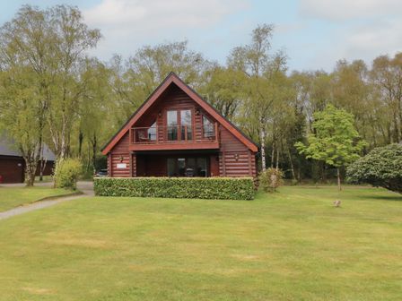 A wooden cabin house with a balcony surrounded by trees and a large grassy lawn at Holly in Dolton