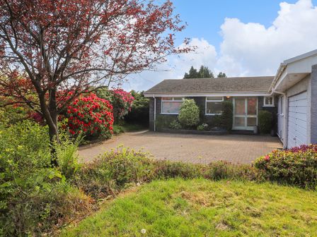 A single-story house with a driveway and garden with a tree and flowering bushes at Sweden Bridge Cottage in Ambleside