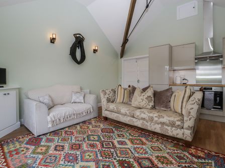 A living room with two sofas a patterned rug light green walls and a kitchen area at Doubletree Cottage in Swainsford near Mere