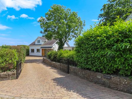 A driveway with a metal gate leading to a white house with a tree in front at Hafan Deg in Llanbedrog