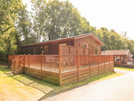 A wooden cabin with a fenced deck surrounded by trees at Deer Park 9 - Copse Corner Finlakes Holiday Park near Chudleigh