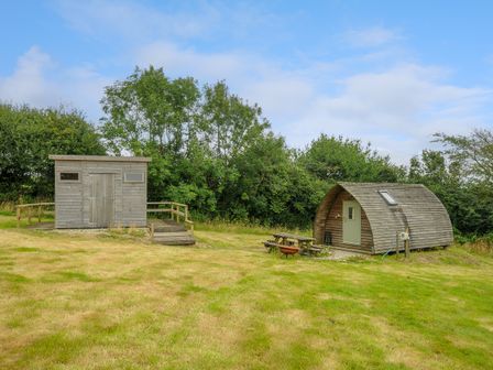 A grassy outdoor area with a wooden shed and a curved wooden cabin with picnic tables at Bull Shed @ Penbugle Organic Farm in St Keyne near Duloe