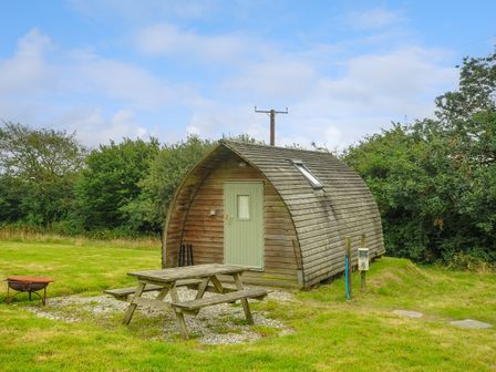 A wooden pod cabin with a green door and picnic table outside in a grassy area at Fox Den @ Penbugle Organic Farm in St. Keyne near Duloe