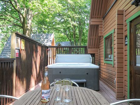 An outdoor wooden deck with a hot tub and a table with a bottle and two wine glasses at Lodge Nine Finlake Holiday Park near Chudleigh