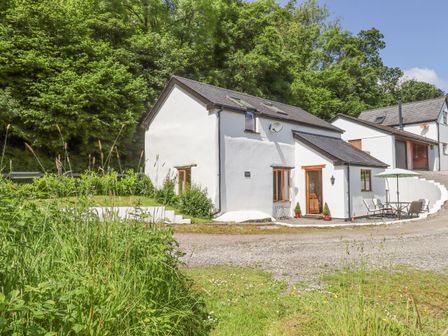A white cottage with wooden doors and windows next to a patio table and chairs with a green umbrella surrounded by greenery at Peace Cottage in Queens Nympton near South Molton