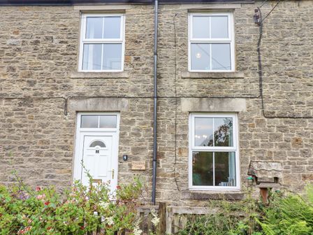 Stone cottage facade with white door and windows and plants in front at Woodcutters Cottage in Park Village near Haltwhistle