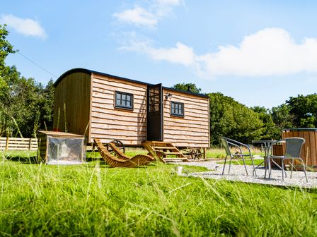 A wooden shepherd hut with wheels on grass near outdoor chairs and a table at Bracken in Broad Langdon near Wainhouse Corner