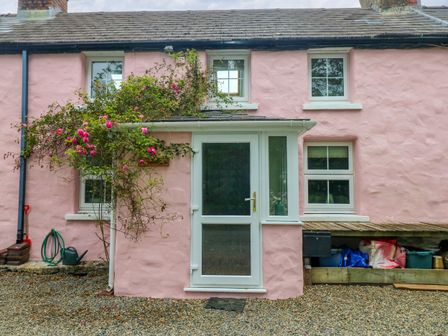 A pink house exterior with white framed windows and door with pink flowers climbing on the wall at 2 Summerhill in Letterston
