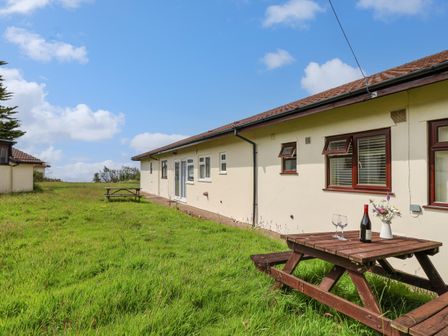 A grassy outdoor area with picnic tables and a building with multiple windows at Seaweed Weston near Sidmouth