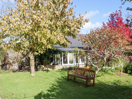A garden with trees a wooden bench and a house in the background at Pink Granite Garden of Ireland near Tinahely County Wicklow