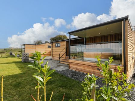 A wooden lodge with glass balcony and green plants in a grassy yard at Enia Lodge 2 Llanelidan near Corwen