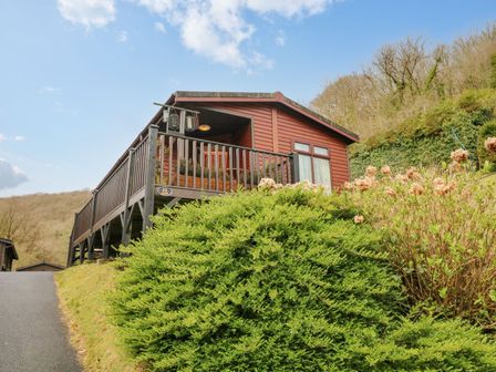 A wooden cabin with a deck and railing surrounded by greenery and bushes at 22 Two Little Ducks in Lynton