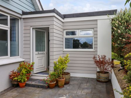An outdoor entrance area with potted plants on a tiled floor and a white door at Brixham Breeze Cabin in Brixham