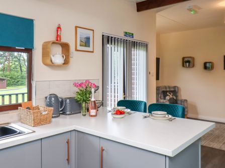 A kitchen with grey cabinets a white countertop a window with a blue blind and an open plan living area at Cowslip in Saltburn-By-The-Sea