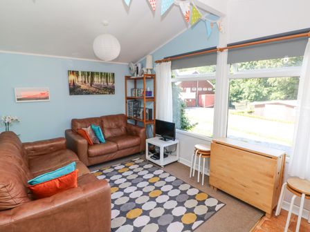A living room with two brown leather sofas a patterned rug a wooden shelving unit a small TV on a white stand and large windows at Milkwood in Elmrise Park near Llansteffan