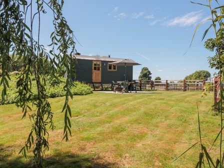 A small cabin with wooden door and window on a grassy lawn with outdoor table and chairs under an umbrella at Willowdale in Stanton Harcourt near Witney
