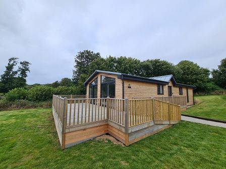 A wooden cabin with a deck and railing on a grassy area surrounded by trees at Bay in Ilfracombe