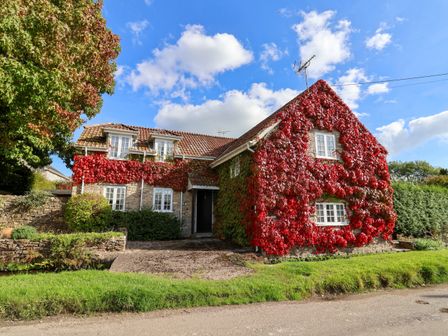 A stone house with red ivy covering part of the walls and a tiled roof at The Cheesehouse in Litton Cheney