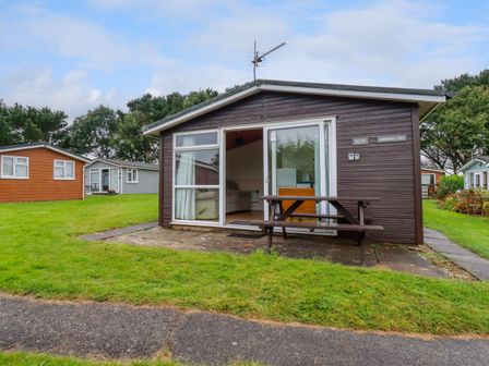 A small dark brown wooden cabin with sliding glass doors and a picnic bench outside at Hawker's Cove near St Merryn