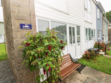A white house with the number 209 and a wooden bench outside with green plants and red flowers at Freshwater East in Freshwater East
