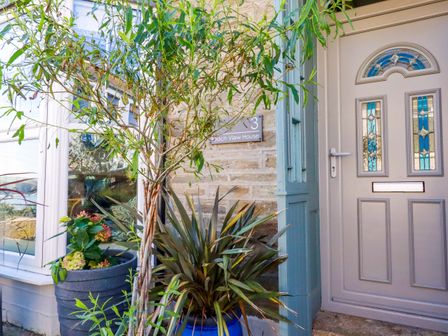An entrance with a door and plants at Beach View House in Newquay