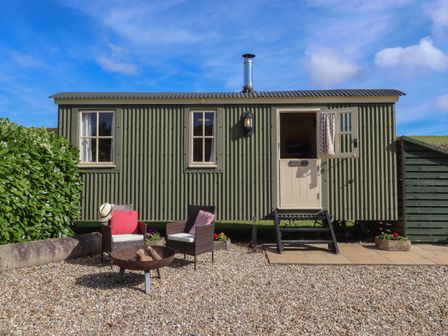 A green corrugated metal cabin with two windows a half door and steps in a gravel yard with two chairs and a fire pit at Shepherds Bliss in Kennerleigh near Cheriton Fitzpaine