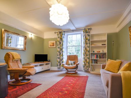 A living room with leather armchairs a sofa a red rug a white TV stand a bookshelf and patterned curtains at Flat 3 St Agnes House Lyme Regis