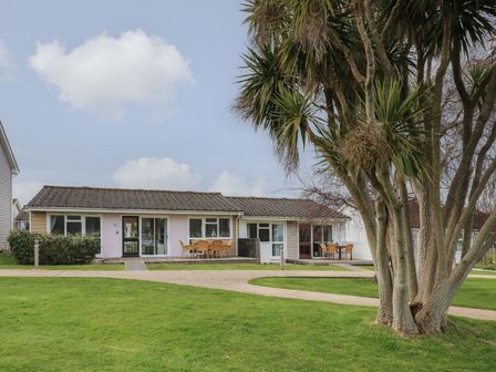 A bungalow with patios and outdoor furniture on a lawn with a large tree in front at Forbes C1 in Yarmouth