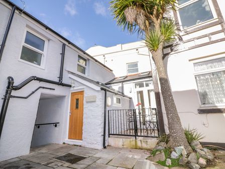 The exterior of a white cottage with a wooden door a small patio with a black metal table and chairs and a tree in the foreground at Bridges Cottage in St Marychurch