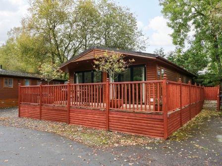 A wooden lodge with a red wooden fence surrounding a raised porch with small trees at Somerford Lodge Langdale 7 White Cross Bay near Windermere