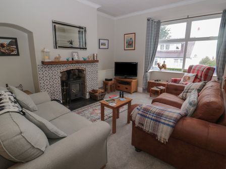 A living room with sofas a fireplace a television and a window with curtains at Skyelands in Wooler