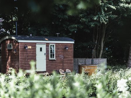A small wooden hut with a white door and window surrounded by trees and plants with outdoor chairs and a hot tub at Little Otchan Shepherd's Hut Halsham near Roos