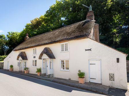 A white cottage with a thatched roof and potted plants outside on a roadside at Amy Cottage in West Lulworth