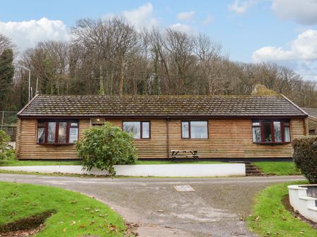 A wooden single-story house with multiple windows and green bushes in front at Castle View Lodge in Ilfracombe