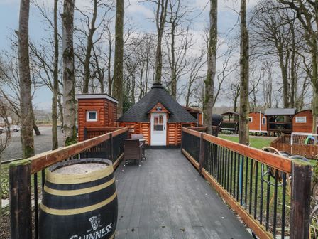 A wooden hut with a conical roof at the end of a wooden walkway with railings surrounded by trees at Hexagon Hut - Dec Update in Dungiven Londonderry