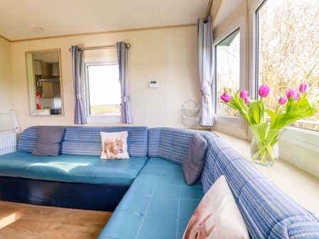 A seating area with blue cushions and pillows by windows with curtains and a vase of pink flowers at Little Trevorrick Caravan in St Issey