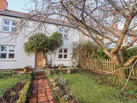 A garden with a paved path leading to a wooden door on a white cottage with climbing plants at Briar Orchard Annex in Ammerham near Winsham