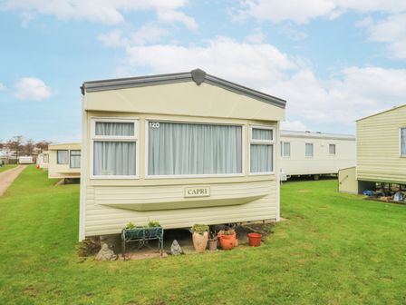 A cream colored caravan with potted plants and small statues in front at 120 Caravan in Hemsby