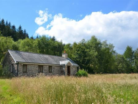 A stone cottage surrounded by tall grass and trees under a blue sky at Cae'n Y Coed Barn in Penrhyndeudraeth