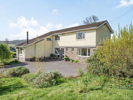 A two-story house with a sloped roof surrounded by greenery and a paved driveway at Pant Y Cwtsh in Kidwelly