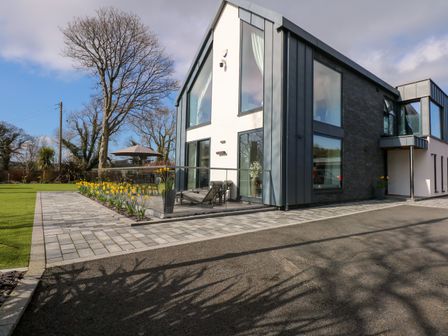 A modern two-story house with large windows and outdoor seating on a patio with daffodils at Dafarn Newydd Studio in Llangefni