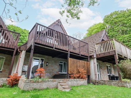 Exterior view of a house with wooden balconies and a grassy lawn at 23 Valley Lodge in Gunnislake