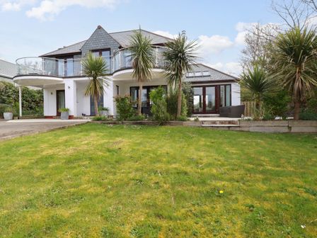 A modern two-story house with a lawn and palm trees at Goatsland in Trebetherick