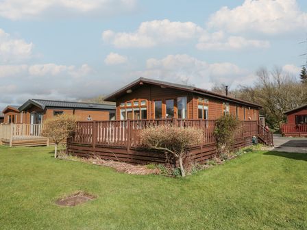 A wooden lodge with a fenced deck surrounded by grass and bushes at Gressingham View Lodge Dock Acres near Carnforth