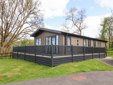 A single story cabin with black railings around a deck surrounded by trees and grass at 16 Manleigh Park in Combe Martin