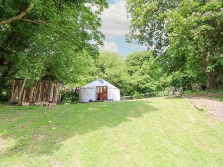 A white yurt with an open door on a grassy hill surrounded by trees and a wooden structure with colorful bunting at Moonlight in Ventnor