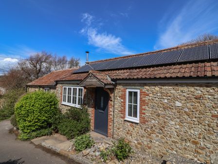 A stone cottage with a tiled roof and solar panels on top surrounded by bushes at Damson Tree Cottage in Charmouth