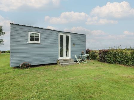 A cabin with a wooden deck and table at Llewelyn in Ty Croes