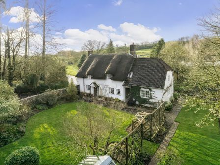 A house with a thatched roof and garden at Plush Cottage near Hazelbury Bryan